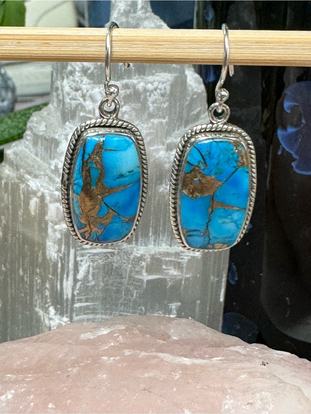 Ice Blue Turquoise Dahlia Sterling Silver Drop Earrings - Kingman